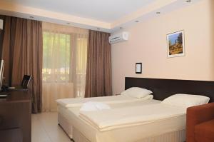 een slaapkamer met een groot bed en een raam bij Family Hotel Delta in Ognyanovo