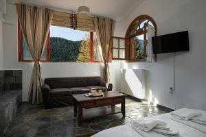 een woonkamer met twee bedden en een bank bij Villa Christina in Karpenisi