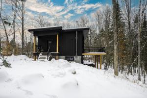 a small cabin in the woods in the snow at Le 4 sur le lac, Accès au lac, Boisée, BBQ in Wentworth