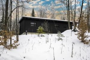a black building in the snow in front of a forest at Le 4 sur le lac, Accès au lac, Boisée, BBQ in Wentworth