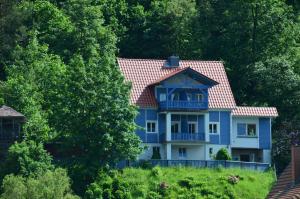 a blue house with a red roof on a hill at Haus Abendsonne in Stadt Wehlen