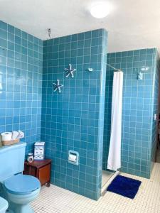 e bagno piastrellato blu con servizi igienici e doccia. di Villa Centenario a Mazatlán Altre 14 foto