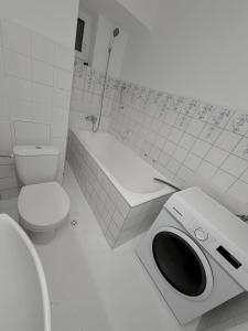 uma casa de banho com um WC, um lavatório e uma máquina de lavar roupa em Spa Apartment With Sauna 3 Bedrooms Center Bucharest em Bucareste