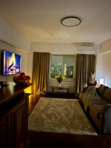 uma sala de estar com um sofá e uma janela em Spa Apartment With Sauna 3 Bedrooms Center Bucharest em Bucareste