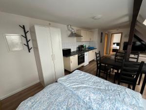 una camera da letto con un letto e una cucina con un tavolo di Ferienwohnung und Monteurzimmer Nähe Leuna, Merseburg, Halle und Leipzig a Braunsbedra