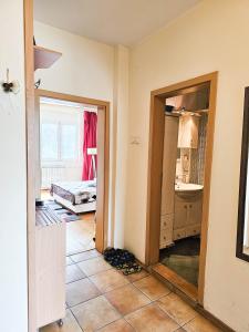 a room with a mirror on the floor and a bedroom at Mother Teresa Apartments in Skopje