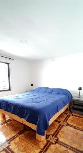 迈滕西约Cabaña El Hibisco的一间位于客房内的蓝色床卧室