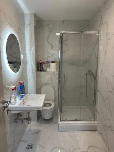 een badkamer met een douche, een toilet en een wastafel bij Apartman 2937 in Podgorica