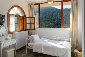 een slaapkamer met een bed en een groot raam bij Villa Christina in Karpenisi