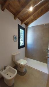a bathroom with a toilet and a sink and a window at Cabaña martita in San Martín de los Andes