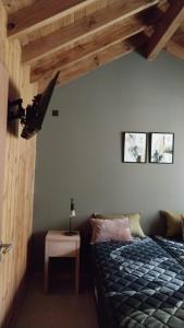 a bedroom with a bed in a room with wooden ceilings at Cabaña martita in San Martín de los Andes