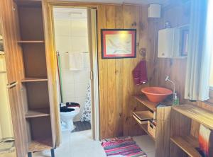a bathroom with wooden walls and a toilet and a sink at Casa de 1 quarto a cinco minutos da praia in Florianópolis