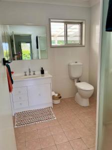 a bathroom with a toilet and a sink and a mirror at Cedarvale Cottage in Boambee