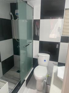 a bathroom with a toilet and a glass shower at New Kingston Gem in Kingston