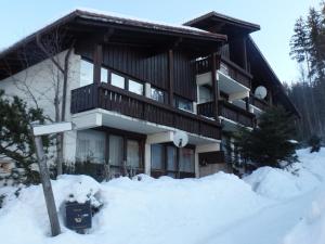 拜尔里舍艾森施泰恩Am Waldrand的雪地里的建筑物,有停车计数器