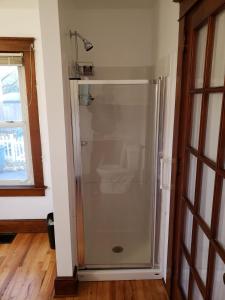 a glass shower stall in a room with a window at Grand Central - Pet friendly 3 BR 2 Bath in Johnson City