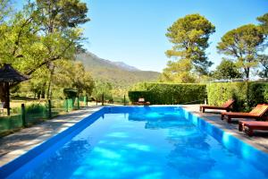 洛斯奥尔尼约斯Alta Montaña Hosteria&Apart的一座带椅子、树木和山脉的游泳池