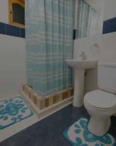 ein Badezimmer mit Toilette, Waschbecken und Dusche in der Unterkunft Cabaña AlbaMarina - Pichilemu in Pichilemu