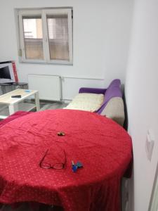 a bed with a red blanket and glasses on it at Apartman Jovanović in Belgrade +5 photos