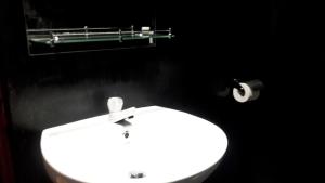 Un baño con un lavabo blanco y un rollo de papel higiénico. en Golden Nature Cottage, en Udawalawe