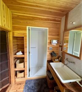 a bathroom with a shower and a white sink at Private Forest Cottage for Two, Organic Lifestyle in Bungoono