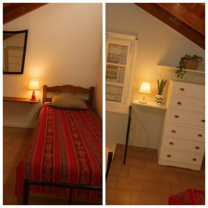casa super comoda para 6 personas Miramar في ميرامار: صورتين لغرفة نوم مع سرير وخزانة