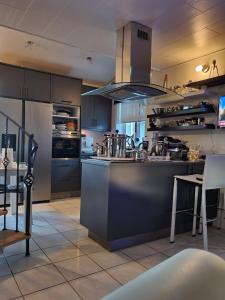 eine Küche mit Küchengeräten aus Edelstahl und einer Theke in der Unterkunft Bergvegur 7- Heimagisting-Homestay-private house 2 dogs in the house-NO KITCHEN INCLUDED- STAIRS in Keflavík