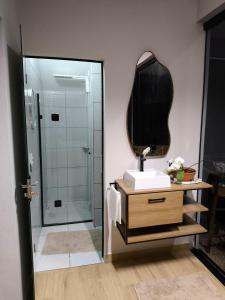 un bagno con lavandino e specchio di Loft das Flores a Pomerode