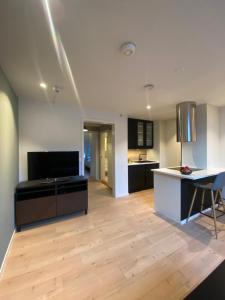 cocina abierta y sala de estar con suelo de madera en Art Nouveau in the middle of downtown Ålesund, en Ålesund