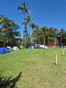 un grupo de tiendas de campaña en un campo con palmeras en Camping & Cabanas Ilhabela, en Ilhabela