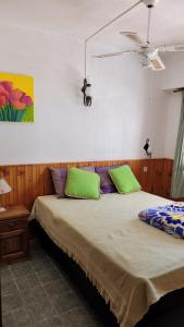 Bett mit grünen und lila Kissen in einem Zimmer in der Unterkunft Los Dos Pinos in Villa Gesell + 1 Foto