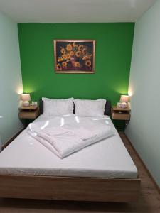 una camera da letto con una parete verde e un letto di Popas La Vintu 