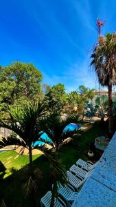 a group of chairs and palm trees in a park at Pousada Cipó in Serra do Cipo
