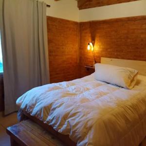 a bedroom with a white bed with a lamp and a window at Anlupa Casa in El Bolsón +23 photos