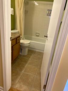 a bathroom with a toilet and a tub and a sink at Golf Cart to Beach , Pet Friendly, Fenced, Quiet in Fernandina Beach