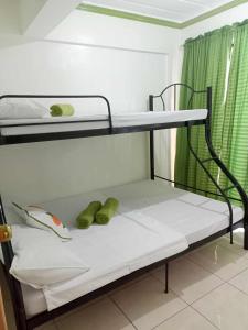 2 stapelbedden in een kamer met een groen gordijn bij Liberty's Homestay in Coron