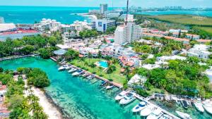 an aerial view of a marina with boats at Marvelous Villa- in the heart of Cancun Hotel Zone in Cancún