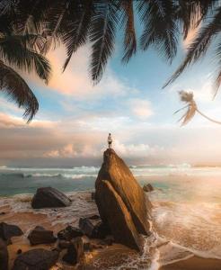 una persona parada en una roca en la playa en Shady Edge, en Unawatuna