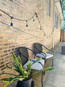 two chairs and a plant in front of a brick wall at 2Level Duplex with Jaccuzi-Gem in Chicago 4BD&3BA in Chicago