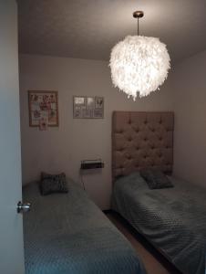 sypialnia z dwoma łóżkami i żyrandolem w obiekcie Exclusiva Casa con Alberca w mieście Bata +34 zdjęcia