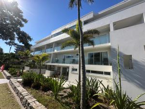 a white building with a palm tree in front of it at 150m to Dee Why Beach in Deewhy