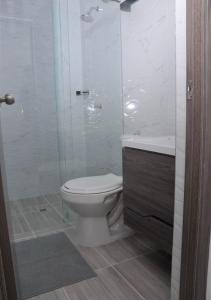 a white bathroom with a toilet and a shower at apartamentoacogedorcama2x2wifiTvtranquiloyseguroi in Cali