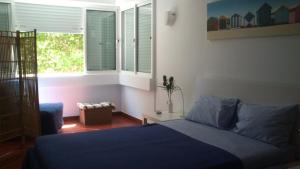 帕雷吉的住宿－PRAIA DAS AVENCAS Apt junto ao mar com estacionamento e AC，一间卧室设有蓝色的床和窗户。