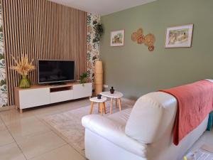 FollignyLe petit logis的客厅里有一张白色沙发和一台电视