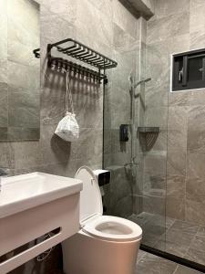 a bathroom with a toilet and a shower and a sink at 陌野輕旅民宿 in Xiulin