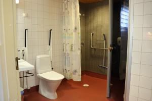 a bathroom with a toilet and a shower and a sink at Marttinen in Virrat