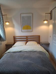 Scharrachbergheim IrmstettLe Repaire des Hirondelles - Le Colombage的一间卧室配有带2个枕头和2盏灯的床 更多20张照片