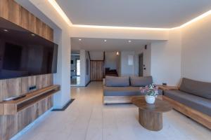 a living room with a couch and a tv at Villa Dorothea in Georgioupoli