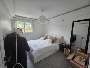 ein Schlafzimmer mit einem Bett und einem großen Spiegel in der Unterkunft Joli 4 pièces - Terrasse vue mer - Parking - FC in Saint-Laurent-du-Var