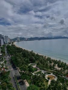 een uitzicht op een strand met palmbomen en de oceaan bij BaBô Homestay Da Nang in Da Nang